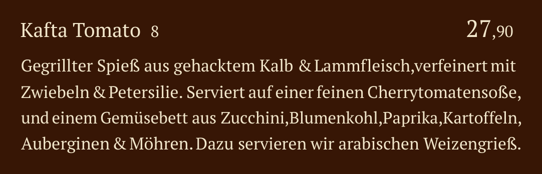 Qadmous Speisekarte – Kafta Spieß vom Grill