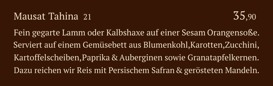 Qadmous Speisekarte – Lamm & Kalbhaxe