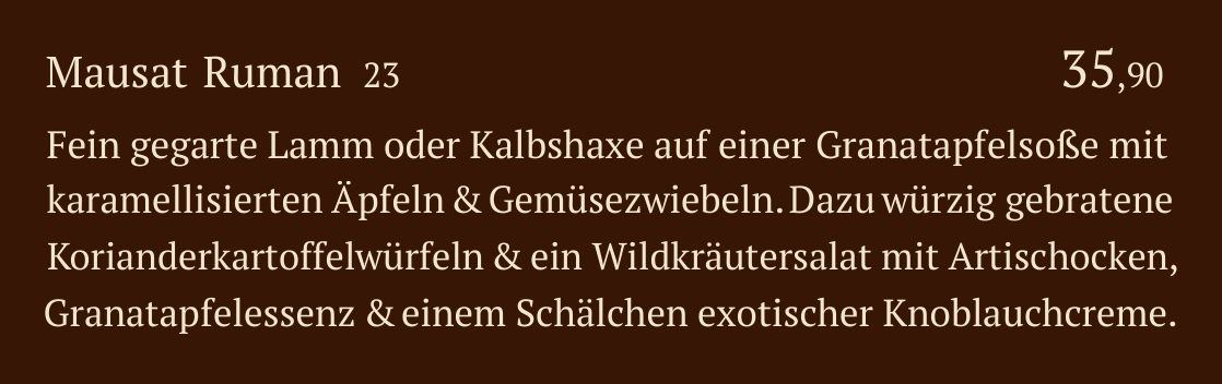 Qadmous Speisekarte – Lamm & Kalbhaxe