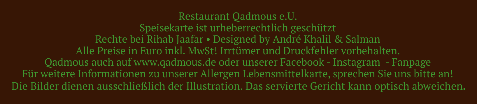 Qadmous Speisekarte – Hinweise
