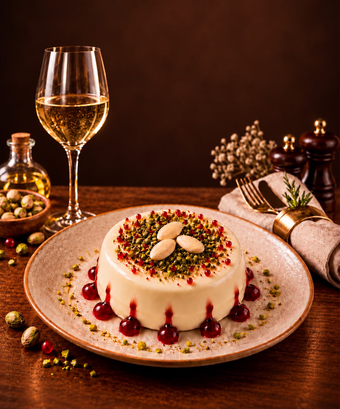Panna Cotta mit Pistazien, Mandeln und Fruchtperlen – Dessert